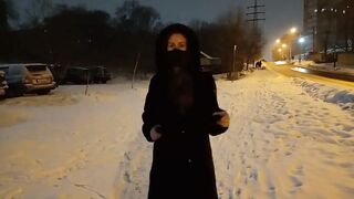 Risky Night Walk on the Snowy Street (People Nearby)