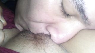 POV Sissy Boy Eat and Kiss my Tiny Hairy Cum and Bit my Lips in Cute way while my Hubby is Working