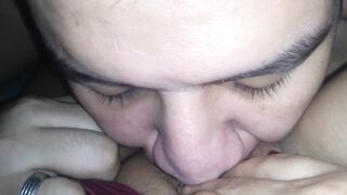 POV Sissy Boy Eat and Kiss my Tiny Hairy Cum and Bit my Lips in Cute way while my Hubby is Working