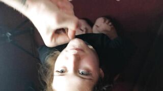 A beautiful girl sucks a neighbor's dick and takes cum on tongue in mouth and face