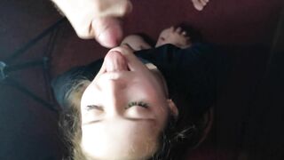 A beautiful girl sucks a neighbor's dick and takes cum on tongue in mouth and face