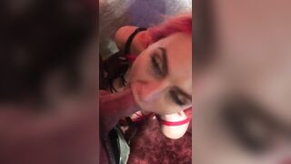 Red Headed Slut Sucks Cock in Rope Corset