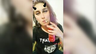 POV Look into my eyes smoking and staring at the camera with different color of hair. Cute alt girl