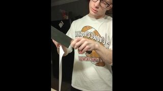 Stepbrother flexes his newly sharpened chef's knife