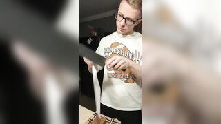 Stepbrother flexes his newly sharpened chef's knife