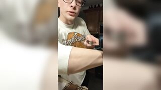 Stepbrother flexes his newly sharpened chef's knife