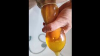 French guy PISS in a condom and spills it all over his cock (vocal)