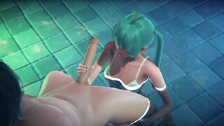 Miku jerking off big cock, cum in the pool and on the face