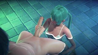 Miku jerking off big cock, cum in the pool and on the face