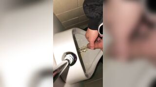 Risky Public Washroom Masturbation Pissing and Cumming into a Urinal