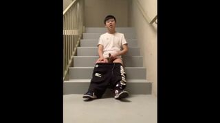 Chinese twink cum on stairs