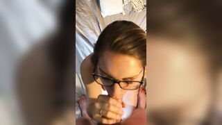 Blonde Teacher Sucks Fat Cock and Takes a Load of Cum on Her Face and Glasses POV blowjob