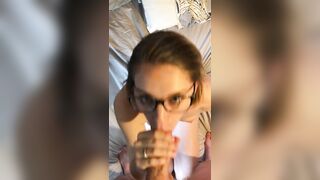 Blonde Teacher Sucks Fat Cock and Takes a Load of Cum on Her Face and Glasses POV blowjob