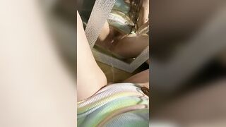 Girl with hairy pussy squirts all over mirror