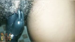 Fucking my hairy pussy with my black dildo