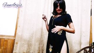 Hot Slut Wife Smoking Cigarette In Sexy Black Indian Dress