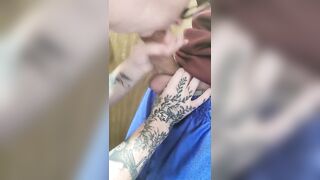 Up close and personal!! Sucking his dick!! Nuts in my throat!! Plays with cum in multiple mouth