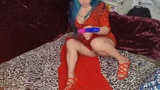 BIG Squirt Blue Hair Red Heels from Vibrating Dildo