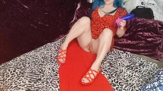 BIG Squirt Blue Hair Red Heels from Vibrating Dildo