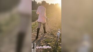 Sexy mini dress, thigh high boots, couture nylon stockings and exhib in public