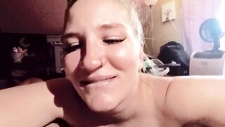 Kneeling to suck me for a ruined orgasm and smiles with braces while I cum