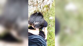 Quick blowjob with cum in mouth in the forest