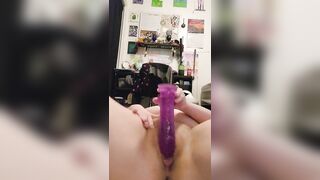 Lonely milf fucks herself with thick Purple cock