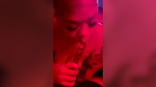 Lesbian blows dildo like real thing