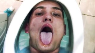 cute guy PISSES on own face while head in toilet | uses his mouth as a toilet | TOILET SLAVE DRI