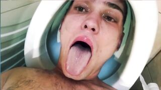 cute guy PISSES on own face while head in toilet | uses his mouth as a toilet | TOILET SLAVE DRI