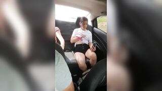 Hot college girl touches herself in the car with her stepsister