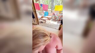 Blowjob in exhibition in a naturist campsite in France: Agathe sucks naked and cums in mouth