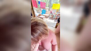 Blowjob in exhibition in a naturist campsite in France: Agathe sucks naked and cums in mouth