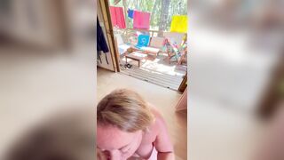 Blowjob in exhibition in a naturist campsite in France: Agathe sucks naked and cums in mouth