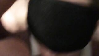 Cuffed and blindfolded deep throat hotwife kneeling blowjob