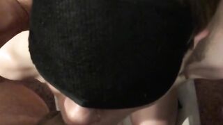 Cuffed and blindfolded deep throat hotwife kneeling blowjob